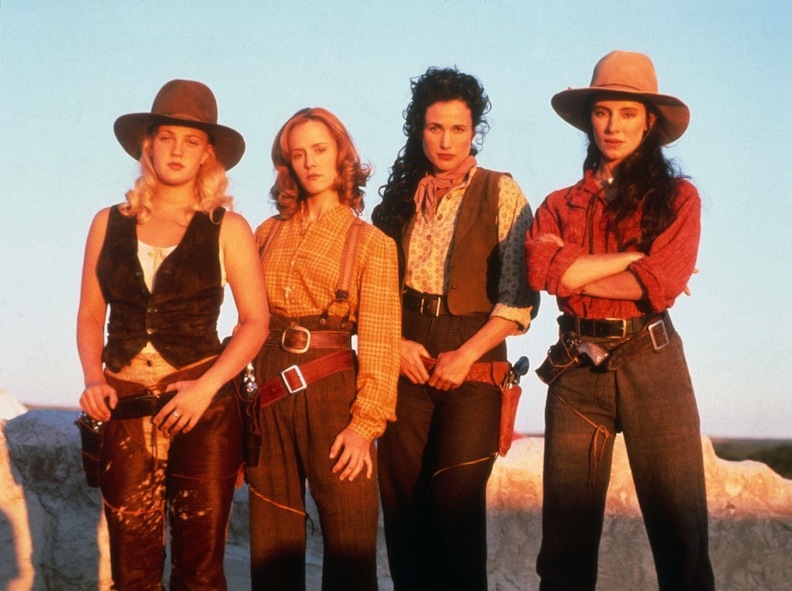 Rootin’, tootin’ glamour! The cast of 1994’s “Bad Girls” Western flick. From left to right, Drew Barrymore, Mary Stuart Masterson, Andie MacDowell, and Madeleine Stowe. Courtesy of Movie Star News