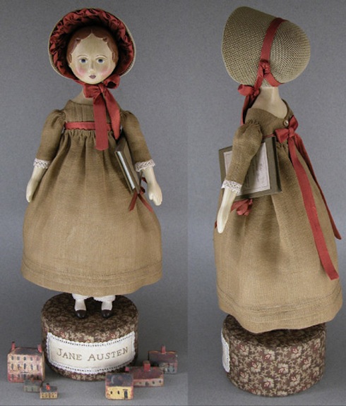 This Jane Austen–inspired doll is by Gail Wilson Designs. The 11-inch doll is clad in period dress and era-specific bonnet. The papier-mâché doll comes with the parts and supplies needed to create her. The set also includes kits that allow crafters to make her cloth-bound book and her cloth-covered stand. Book kit and stand kit can be bought separately.