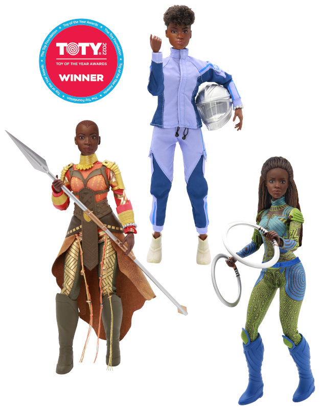 World of EPI’s licensed dolls depicting Shuri (top), Okoye (bottom left), and Nakia from the upcoming film Black Panther: Wakanda Forever are already making a splash in the toy world — the dolls just won a Toy of the Year Award in the doll category.