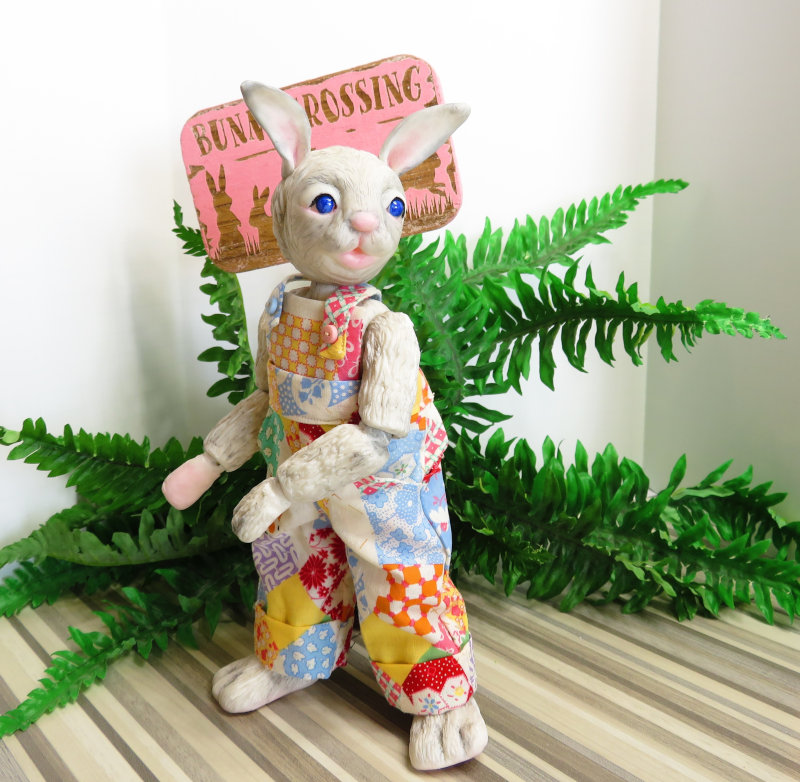 One of Moulton’s latest works, Briar is an 11-inch BJD bunny and one of Moulton’s latest works. His patchwork overalls were made by Moulton.