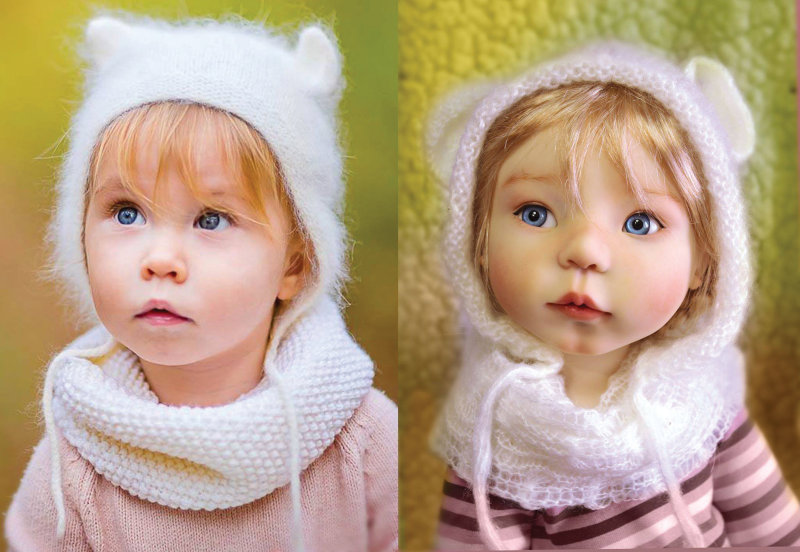 A fan-submitted photo (left) is the inspiration for Meadow Dolls’ 21-inch Masha, shown at right with a face-up by Charlene Smith.