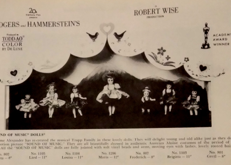 The 1971 Madame Alexander catalog showed the new 8-inch dolls with the 12-inch Maria. The Bavarian-style building display was used in the company showroom.