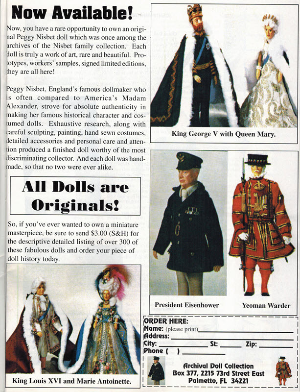 Picture of a full-page ad featuring dolls from the Nisbet archives.