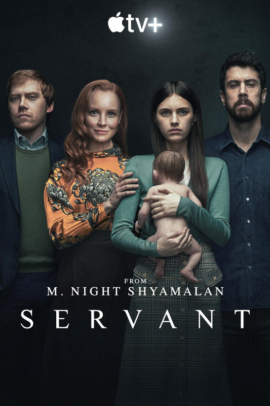 A promo image for Servant showing the main characters from the show, including the baby doll cast as Jericho.