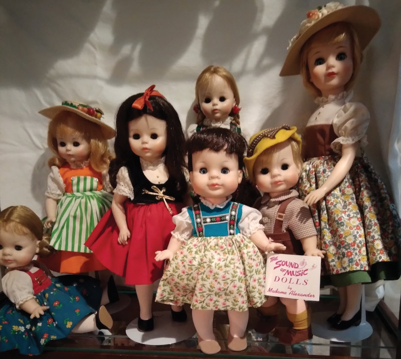 The 1965-1970 Sound of Music set used many different Liberty of London fabrics. At the time it was difficult to complete a set, because not all stores carried each doll. They were never packaged as a complete set.