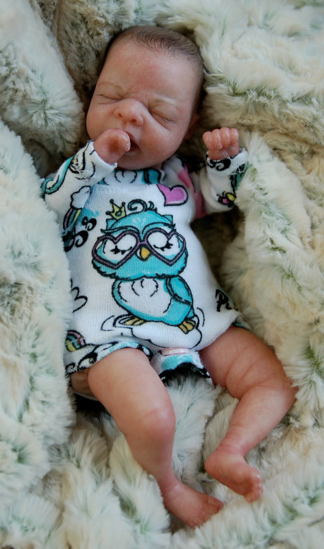 Photo of a sleeping baby doll in a onesie decorated with an owl.